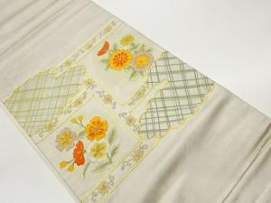 金駒刺繍色紙に花々・雲模様袋帯